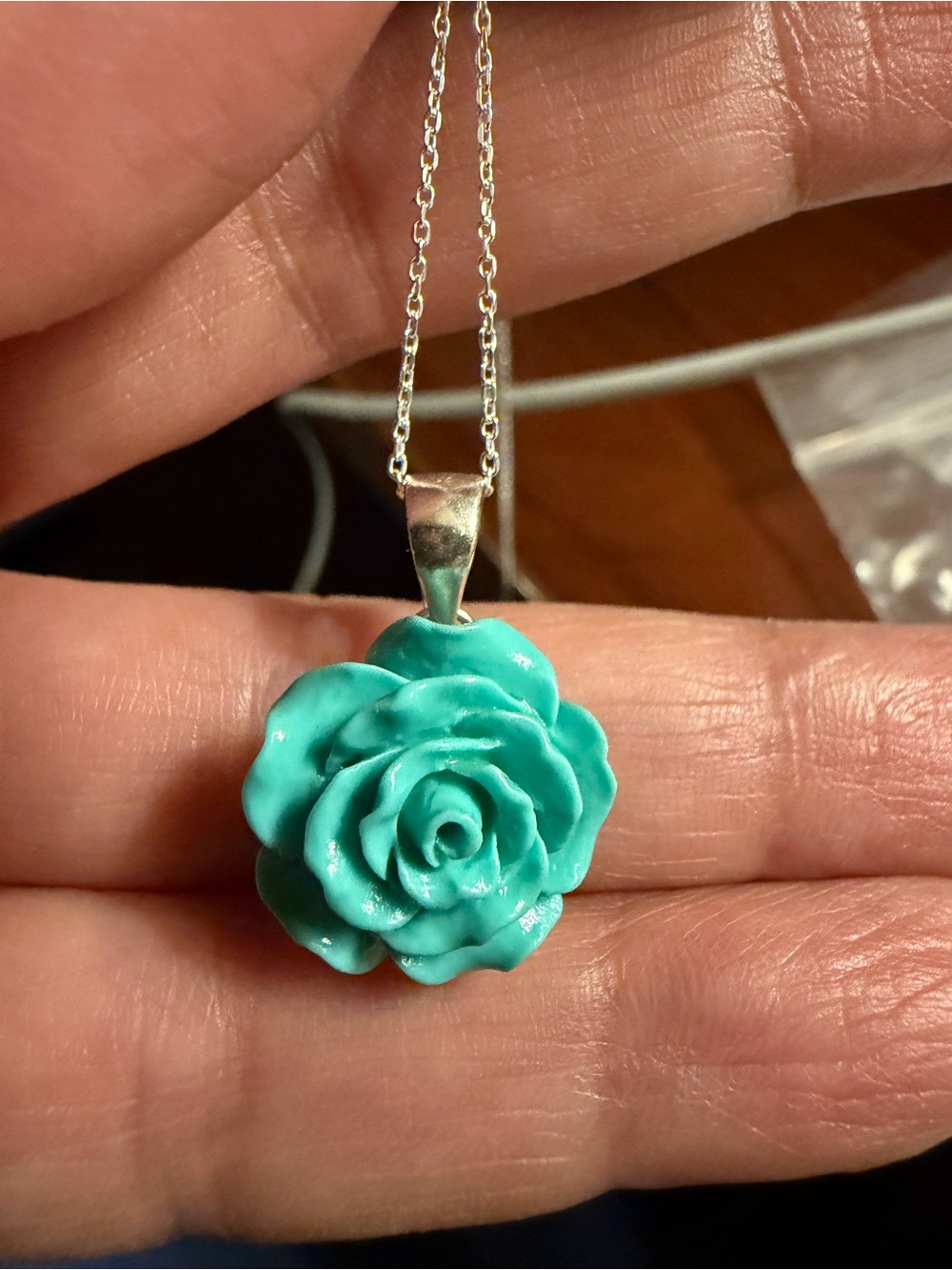 Carved Rose Pendant On A Fine 18 Sterling Italy 925 Chain Necklace Dainty